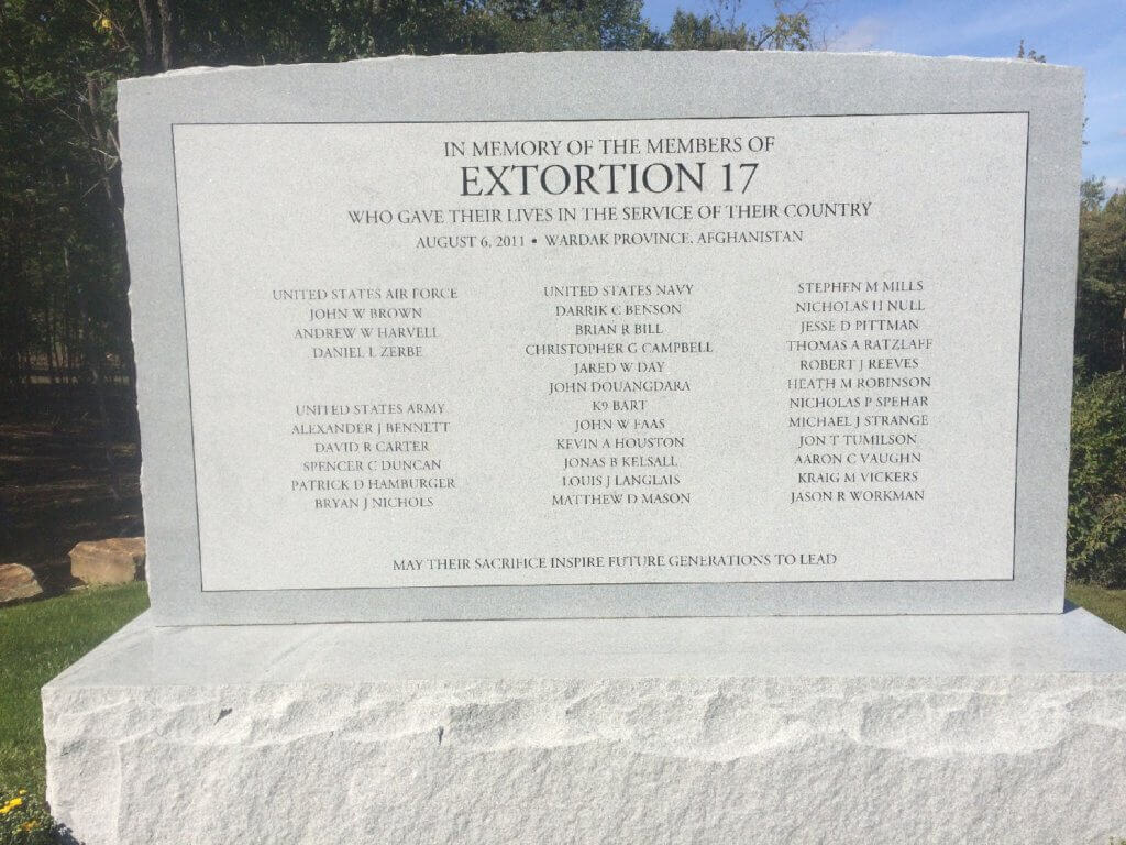The names of those who died in the Extortion 17 disaster are engraved in a granite monument at the memorial in Washington, Massachusetts. Glenn Wargo Photo