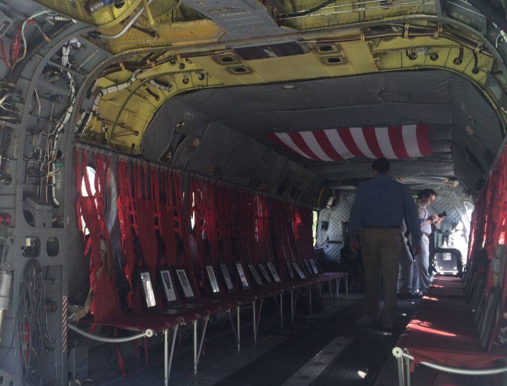 Workers completed extensive restoration work to the interior of a CH-47D Chinook helicopter, similar to the one downed by a Taliban fighter in the Extortion 17 crash. Glenn Wargo Photo