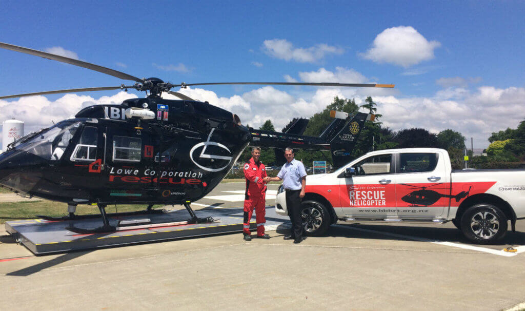 The new Mazda BT50 ute, which is branded with the Lowe Corporation Rescue Helicopter imagery, will be the Trusts' operational vehicle, and will mainly be used by the pilot on duty. Hawke's Bay Helicopter Rescue Trust Photo