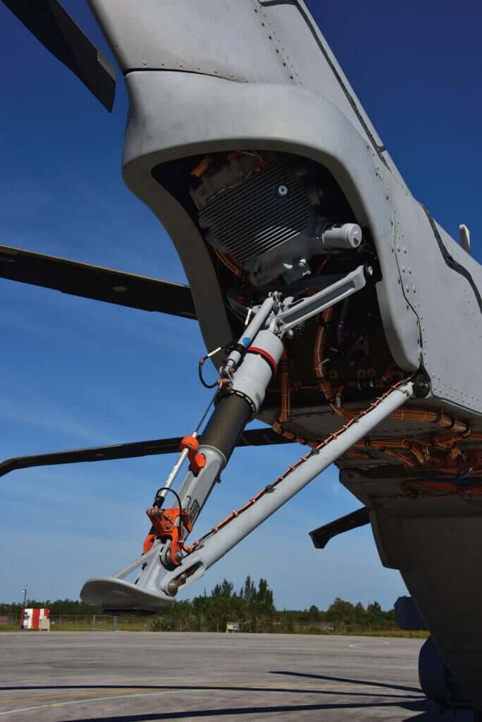 The tail of the CH-53K features an energy-absorbing strut.