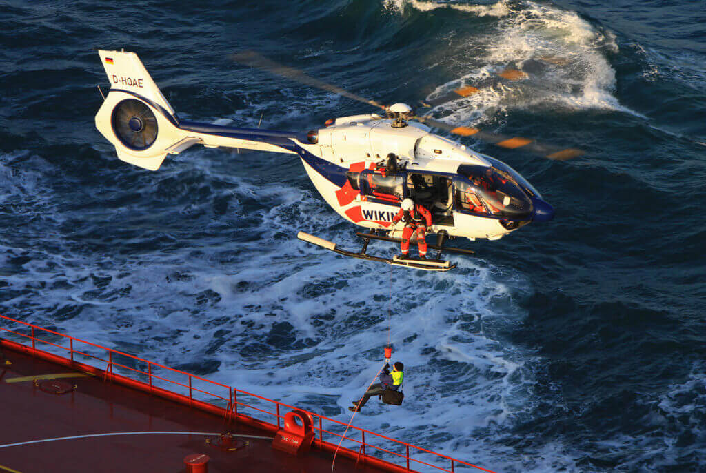Wiking conducted the first commercial sea pilot transfer using its new Airbus H145 on Feb. 13, 2017, near the German Bight. Photo by Christoph Meyer