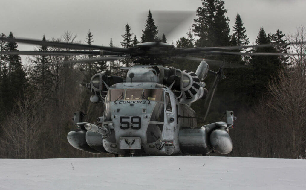 A CH-53E Super Stallion with Marine Heavy Helicopter Squadron 464 lands in snow during Exercise Frigid Condor near Brunswick, Maine, on Jan. 22, 2017. HMH-464 conducted the exercise to increase the squadron's operational readiness in extreme conditions. The U.S. Naval Research Laboratory is investigating ways to potentially detect supercooled liquid clouds from the air, which can cause hazardous icing conditions for aircraft. NRL Photo