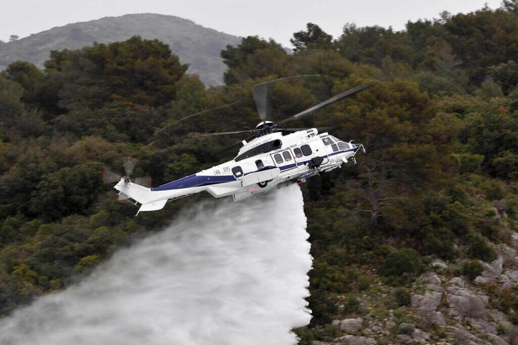 Guangdong Province Public Security Department flies an Airbus H225 for security, SAR and firefighting missions. It is equipped with a 600-US gallon (2,270-liter) Simplex Model 316 fire attack tank. Airbus Photo