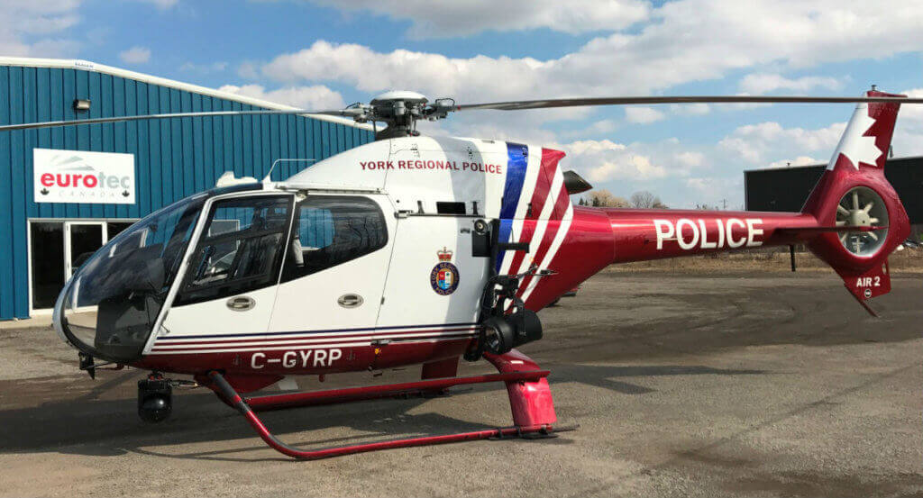 The York Regional Police H120 helicopter, Air2, rests at EuroTec Canada's facility in Millgrove, Ont. EuroTec Photo