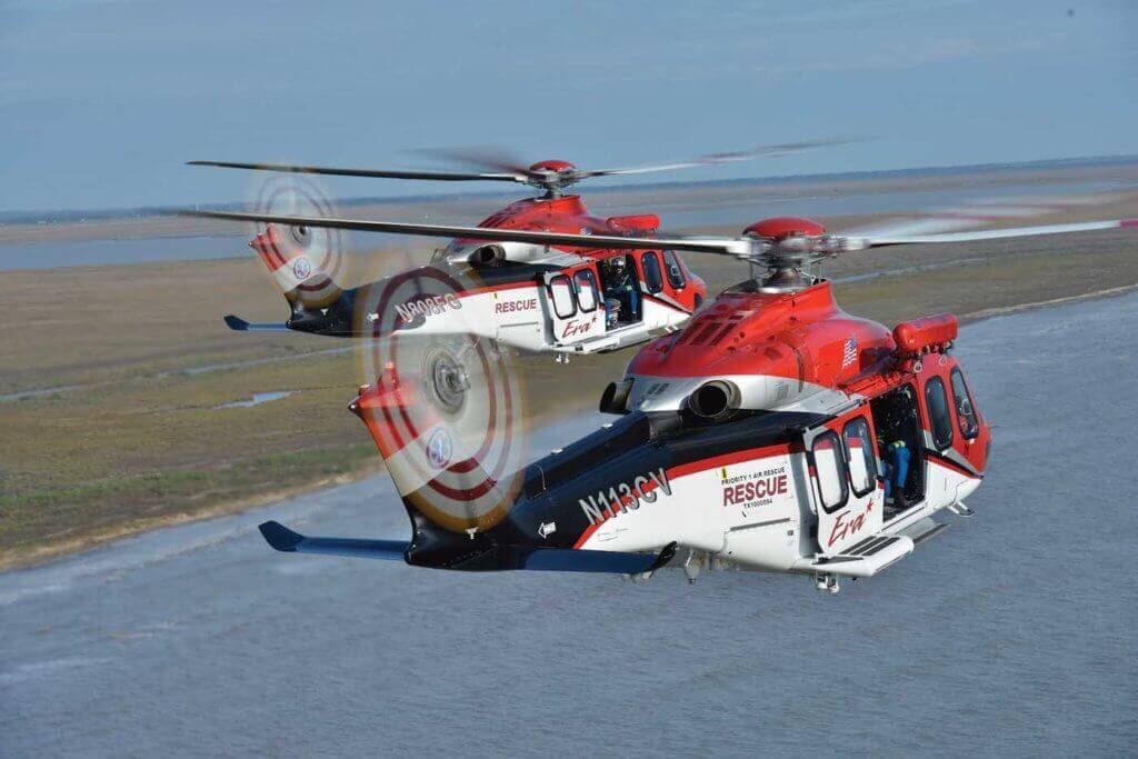 Two Era Leonardo AW139s take flight in the Gulf of Mexico. The aircraft's powerplants are PT6C-67Cs. Dan Megna Photo