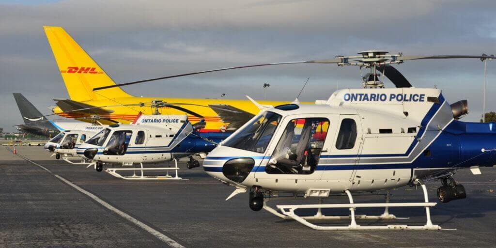 Ontario Police Department Airbus AS350 B2 and H125 helicopters at the Air Support Unit's third annual fly-in. Skip Robinson Photo
