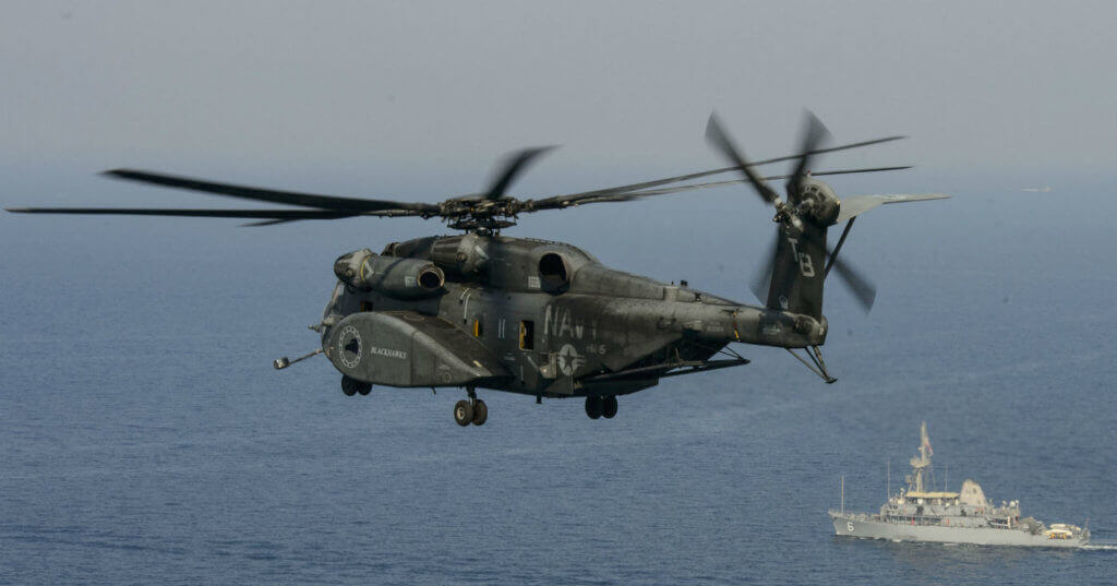 The MH-53E -- the U.S. Navy's primary airborne mine countermeasures aircraft -- can operate from carriers and other warships, and is capable of towing a variety of mine hunting/sweeping countermeasures systems. U.S. Navy Photo