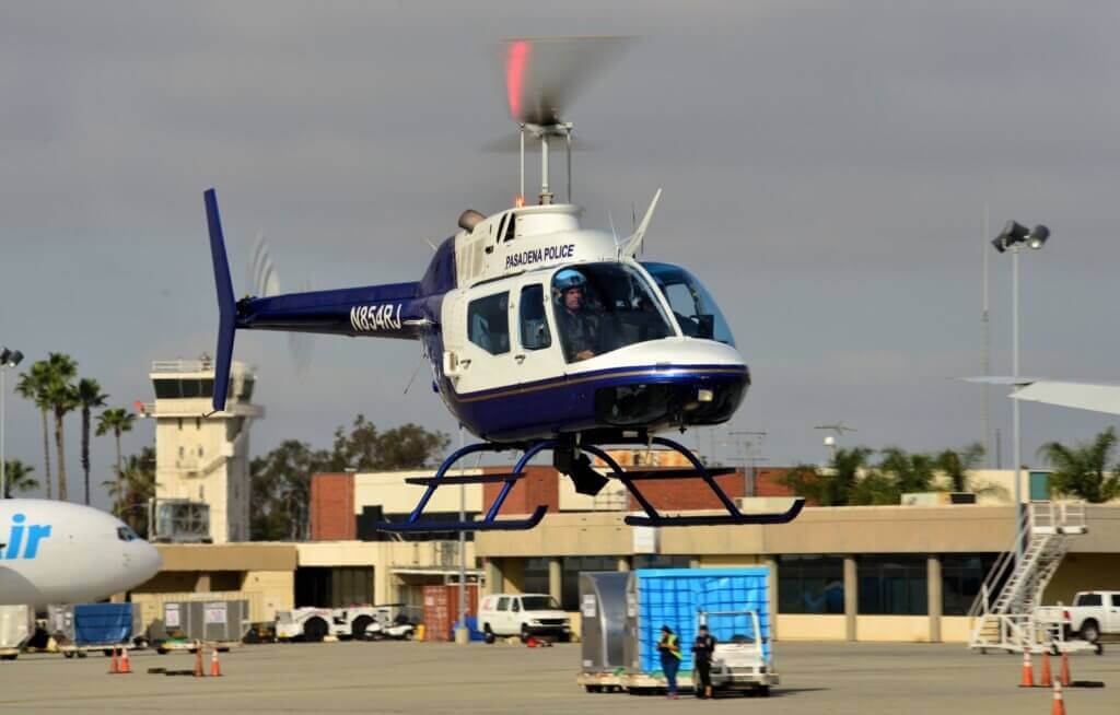 A Pasadena Police Department Bell OH-58A+ comes into land. More than 20 law enforcement agencies were represented at the fly-in. Skip Robinson Photo