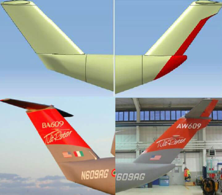 The original design of the AW609's rear fuselage and tail fin are shown on the left.