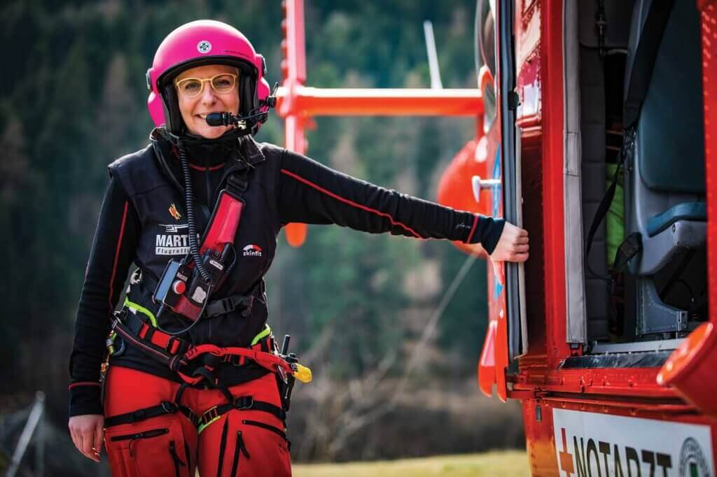 Claudia Juen, 38, is currently the only female helicopter emergency medical services crewmember in the Austrian Alps. Tomas Kika Photos