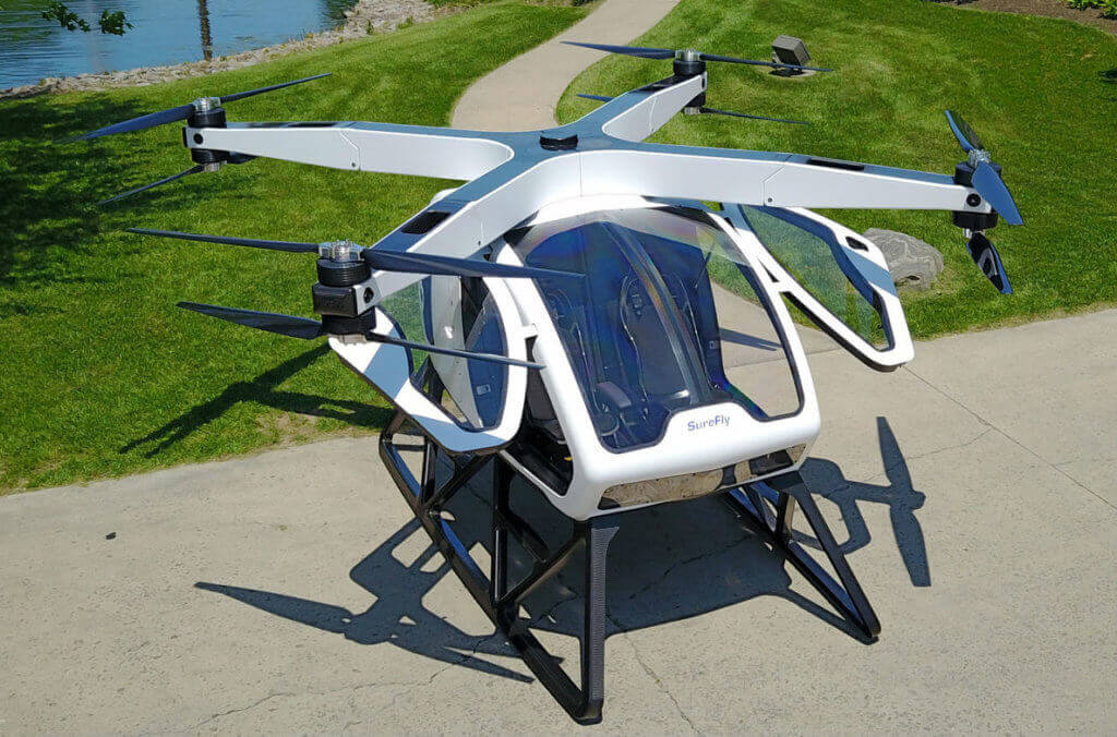 Surefly's design includes four propeller arms, two fixed contra-rotating propellers on each arm, and a backup lithium battery pack to drive the electric motors in the event of engine failure. Workhorse Group Inc. Photo