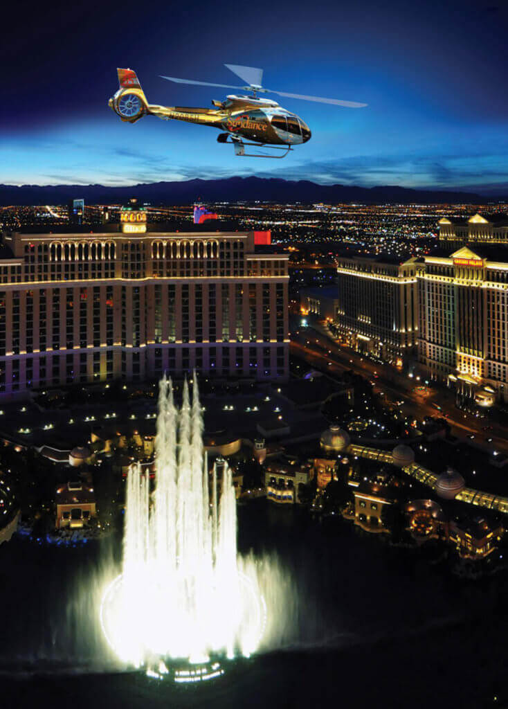The Lucky in Love Wedding Experience will be held simultaneously inside 12 state-of-the-art helicopters while flying 800 feet over the Las Vegas Strip. Sundance Helicopters Photo