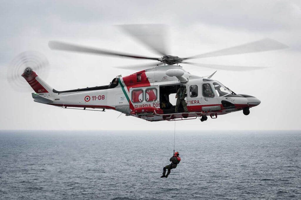Guardia Costiera's AW139s are equipped with Breeze-Eastern electric rescue hoists. The helicopters' elongated noses contain weather radar.