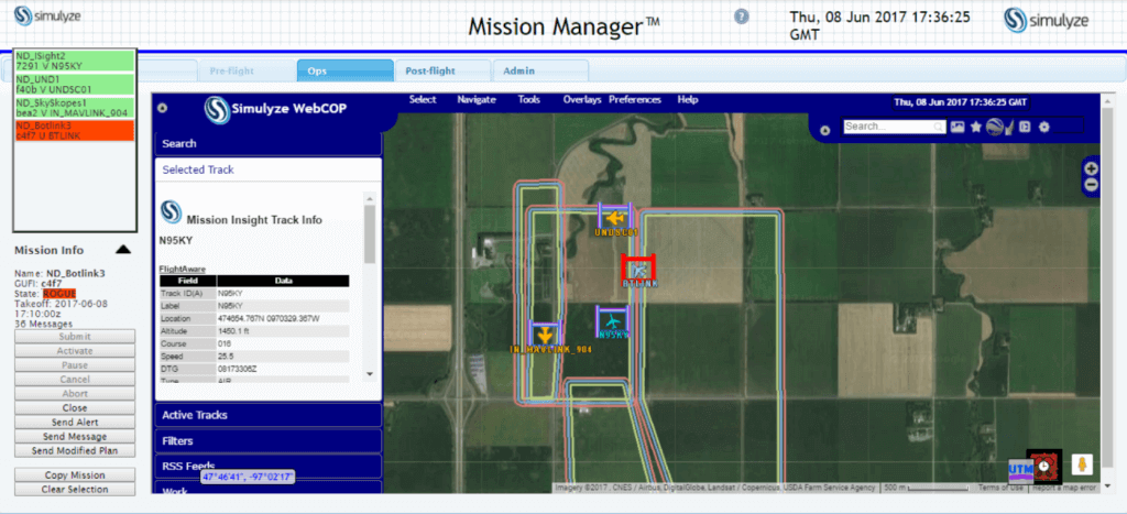 NASA Technical Capability Level 2 National Campaign, Northern Plains UAS Test Site, June 8, 2017: Screenshot from Simulyze's Mission Insight application shows four aircraft flying in close proximity, including beyond visual line-of-sight operations; one UAS is shown departing its approved flight volume shown operating outside of their respective flight volumes, and notification is sent to the violating operator as well to other operators in the area.