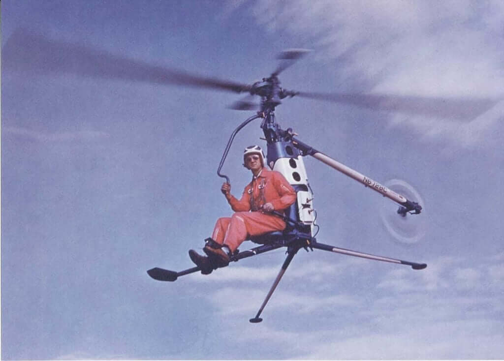 The Hiller Rotorcycle pre-production prototype in flight. Here, it is flown by Hiller's chief pilot, Richard Peck. Hiller/Jeff Evans Collection Photo