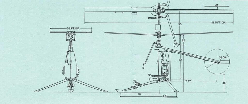 A three-view of Hiller's Rotorcycle. The aircraft had a range of about 40 miles. Hiller/Jeff Evans Collection Photo