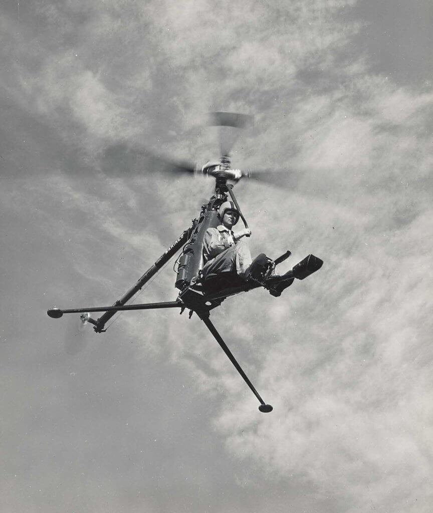 The Hiller Rotormatic Control System on the Rotorcycle helped to make the compact helicopter very stable to fly. Hiller/Jeff Evans Collection Photo