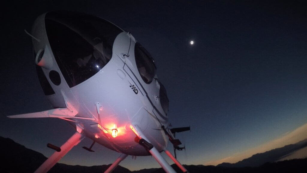 Scott Urschel of Pylon Aviation was flying near Jackson in an MD 530F during the eclipse. He captured this shot of his aircraft during totality using a GoPro camera. Scott Urschel Photo