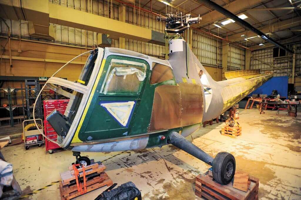 In the restoration shop is a Sikorsky R-6, a rare and interesting helicopter with an enclosed cabin. Skip Robinson