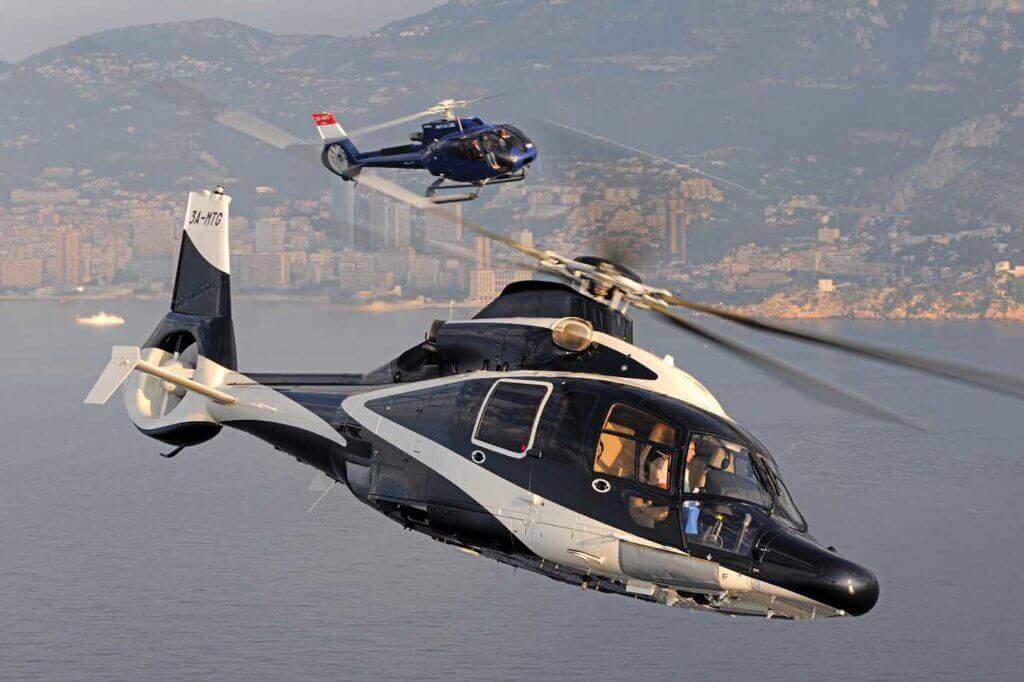 These VIP Airbus EC155 and Airbus EC130 flying off the French Riviera both feature a shielded fenestrom tail rotor. Anthony Pecchi Photo