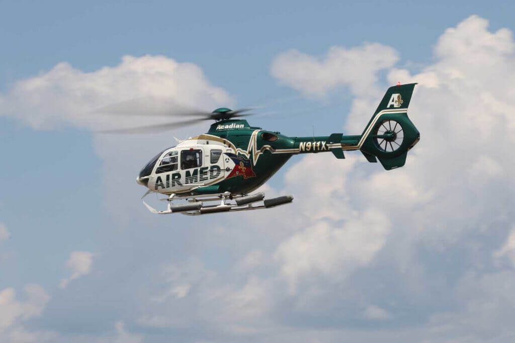 An EC135 from Acadian Air Med performs a patient transfer. Louisiana-based Acadian opened its first Texas base in May 2017, in Silsbee. 