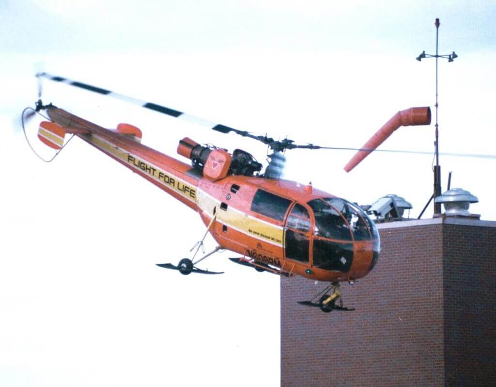 Flight For Life Alouette III lifting from hospital in mid-1980s