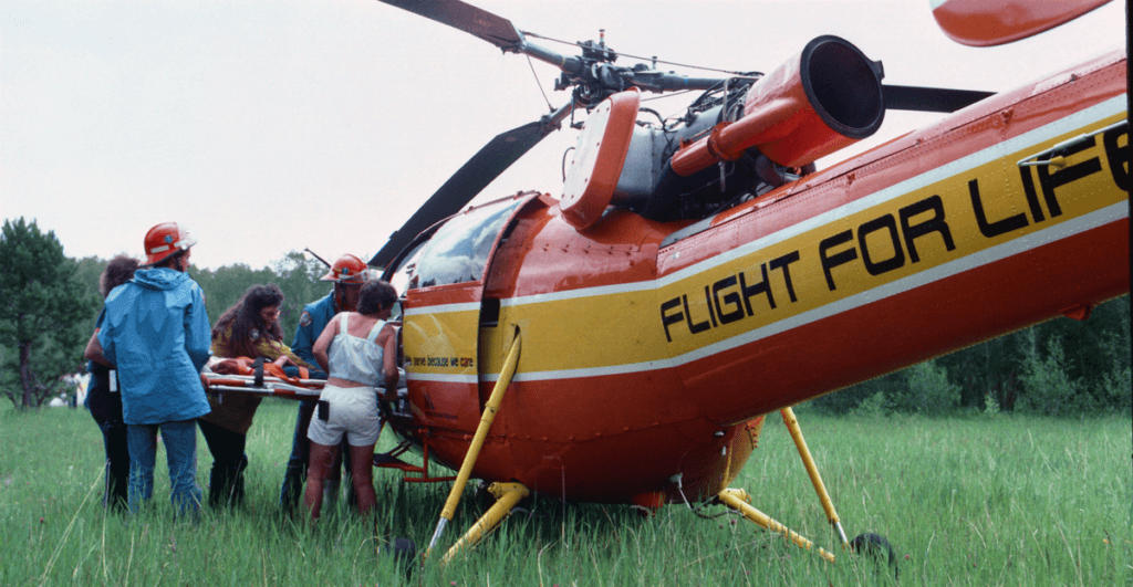 A mid-1980s scene flight with a Flight For Life Alouette III 