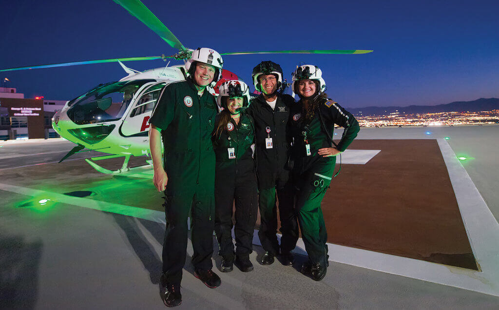From left, a light moment with flight respiratory therapist, Cory Thompson, flight nurse Melanie Thelin, pilot Chris Mackle and flight nurse Windi Bray. Dan Megna Photo
