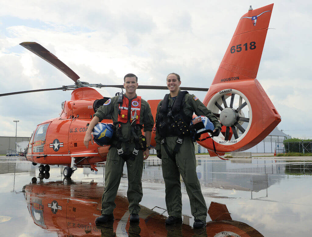 Aviation survival technician Daniel Strange, left, and pilot Lieutenant Amanda Montour are both stationed at Air Station Houston. Montour's crew was responsible for over 20 lives saved or assisted in the aftermath of Hurricane Harvey, while Strange personally conducted 13 rescues. USCG Photo