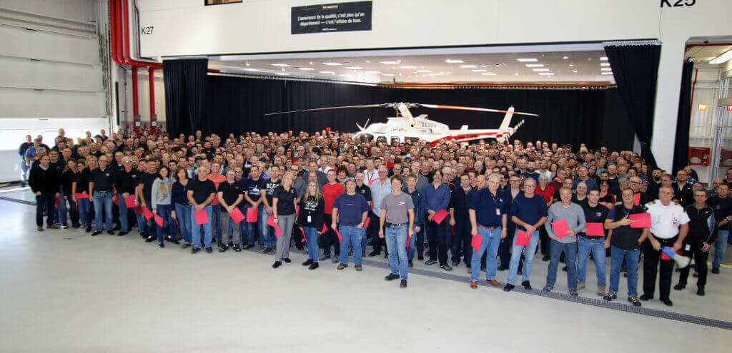 All Bell Helicopter Mirabel employees gathered around the 5,000th aircraft in the facility's delivery center for a special ceremony. Bell Helicopter Photo