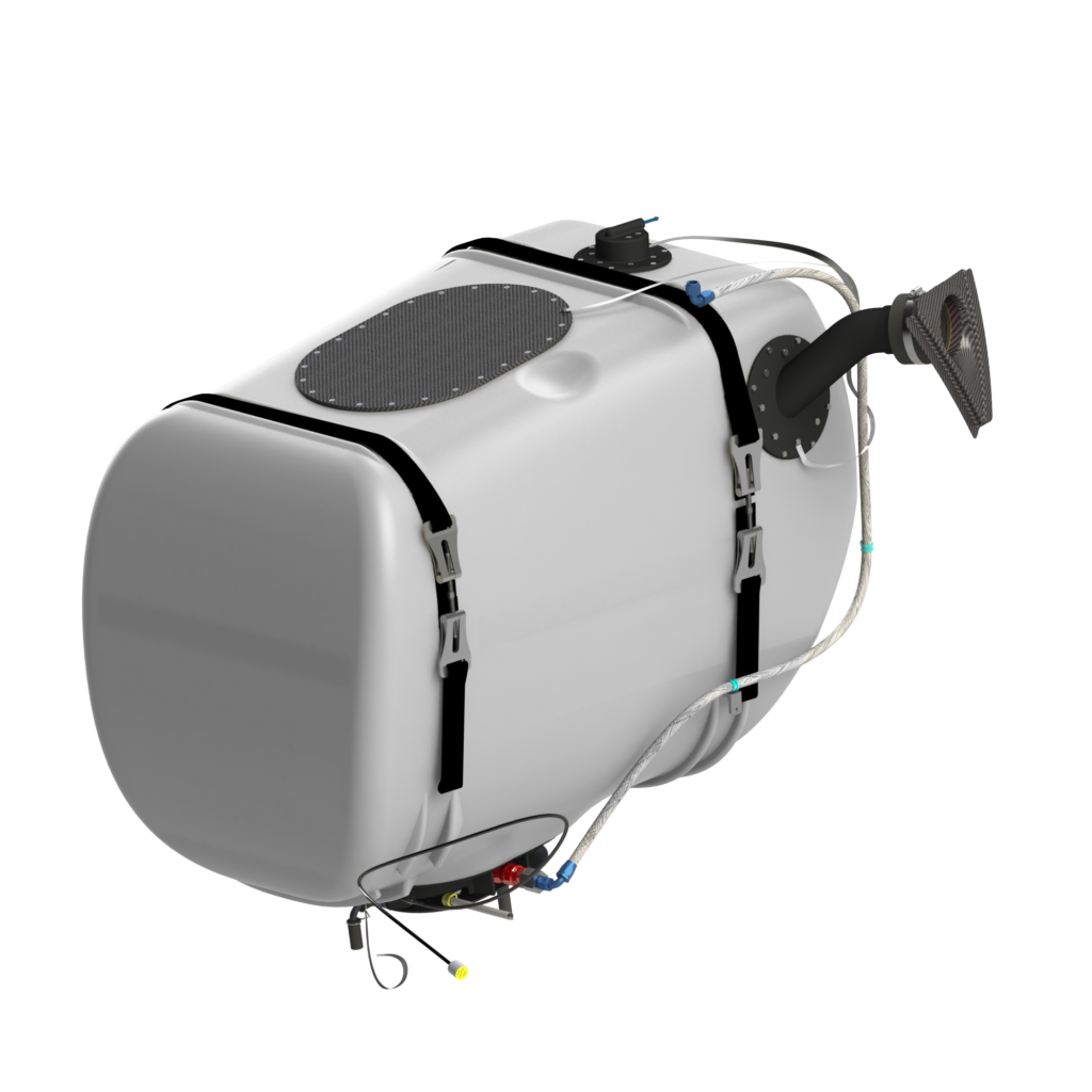 The tank's unique design features a robust crash-resistant fuel bladder, and it uses several innovations including magnetic field sensor fuel gauging technology and vent system roll-over protection. Robertson Fuel Systems Photo