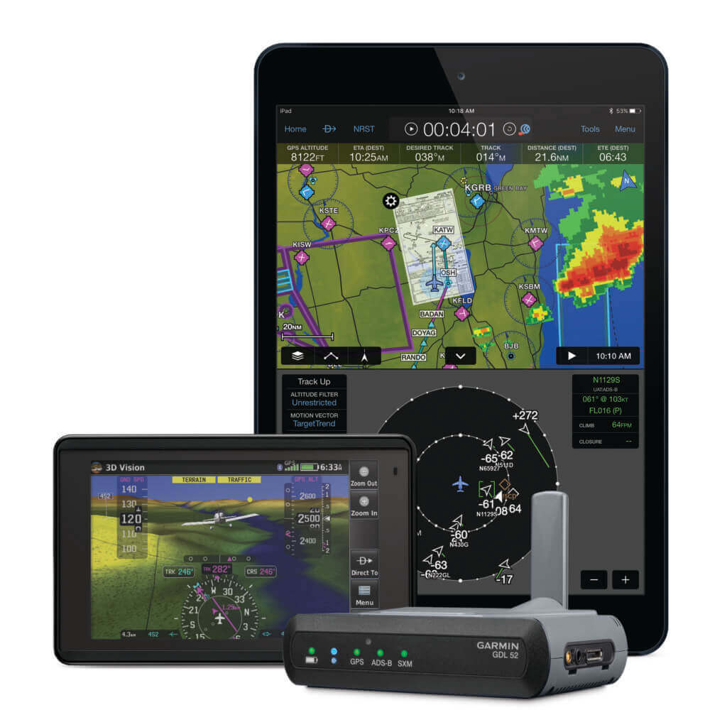 Capable of wirelessly streaming data to two devices and making hardwired connections to two additional devices simultaneously, the GDL 52 offers quick and convenient access to essential information throughout the cockpit.