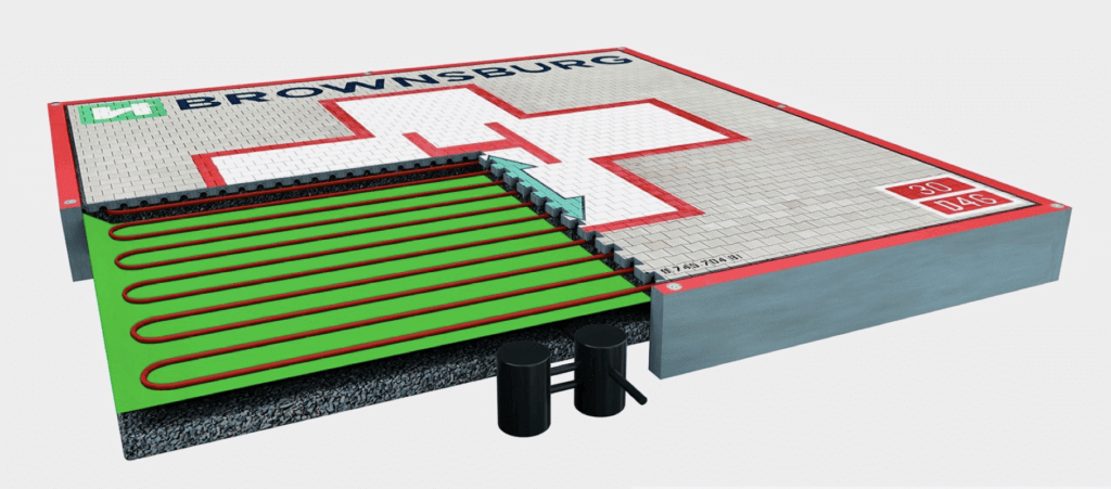 An illustration of a Lily Helipads helipad design, where the grey is the porous surface, the green is the environmental liner, the red is the heat to melt ice or snow, and the black is the oil and water separator. Lily Helipads Image