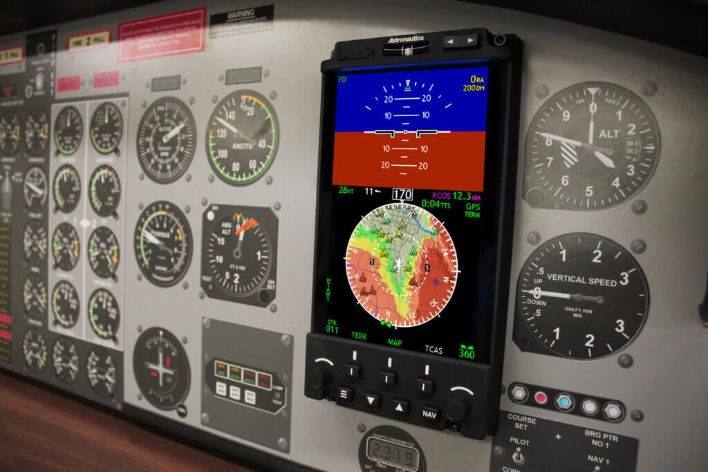 The Astronautics RoadRunner EFI -- shown featured in a cockpit demonstration panel during HAI HELI-EXPO 2018. Astronautics Photo