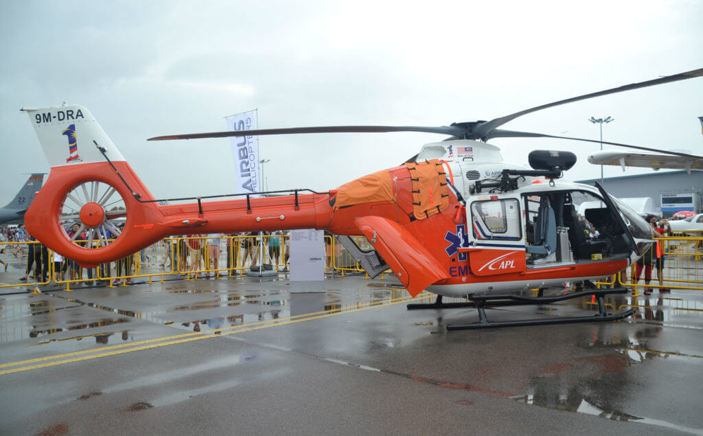On static display at the Singapore Airshow are the single-engine H130 and twin-engine H135 helicopters.