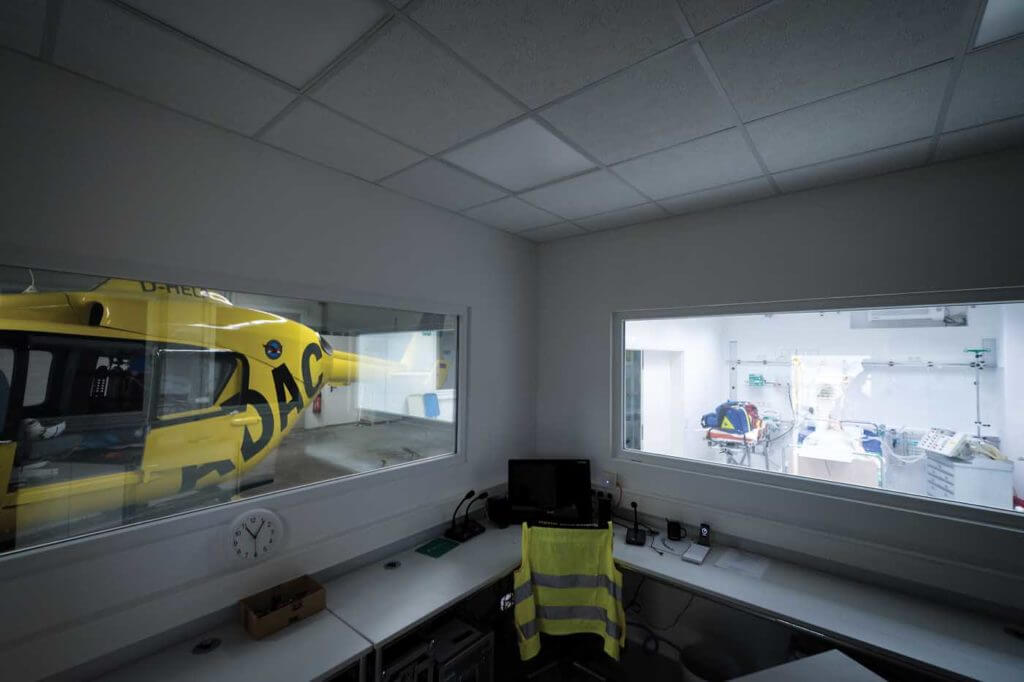 The view from the director's station of a full-scale BK117 mock-up on the left, and on the right the shock-room that provides the medical training element of the HEMS Academy. Lloyd Horgan Photo