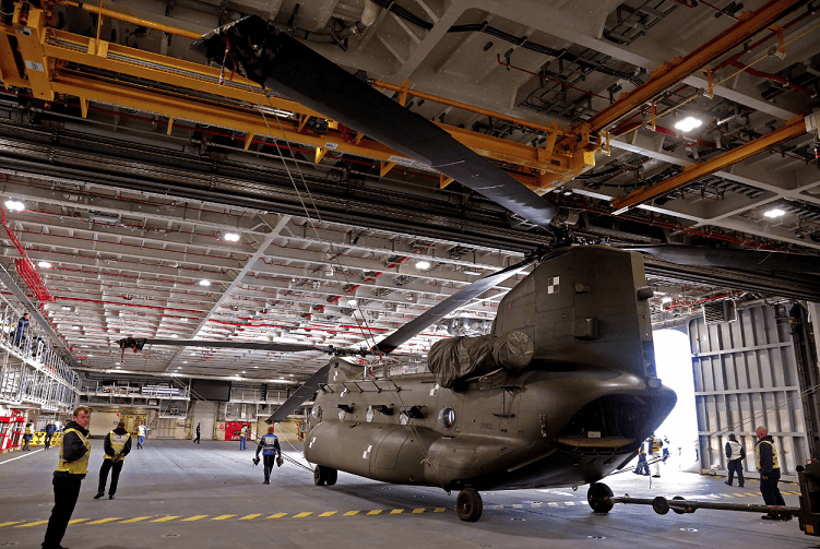 The lifts and hangar spaces on the HMS Queen Elizabeth warship are so large that there is no need to fold the rotors. Royal Navy Photo