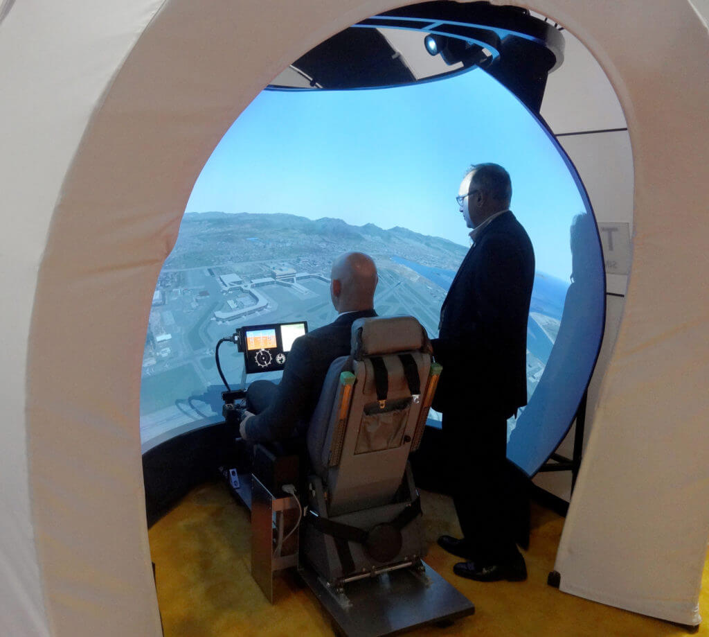 Esterline's Treality TD-522 helicopter simulator transportable dome is available in configurations with three or five specialized projectors. Esterline Photo 