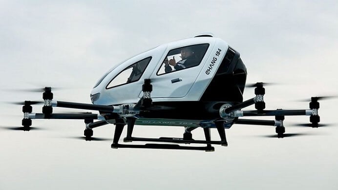 Ehang CEO Hu Huazhi completes a flight test in the Ehang 184 autonomous aerial vehicle. Ehang Photo