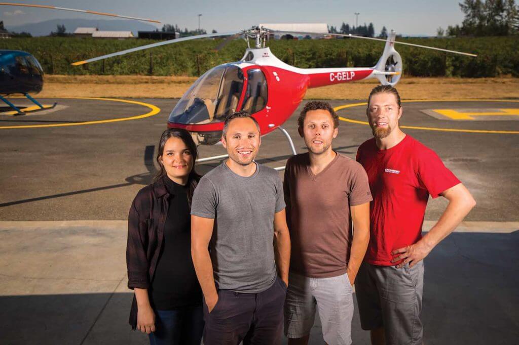 The Gelb family is front and central at BC Helicopters. From left: Amy Gelb (office administrator), Mischa Gelb (president), Sancho Gelb (vice president), Tey Steenbergen (aircraft maintenance engineer). Heath Moffatt Photo