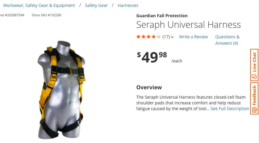 FlyNYON equipped passengers with fall protection harnesses like this one available through The Home Depot. HomeDepot.com Screen Capture