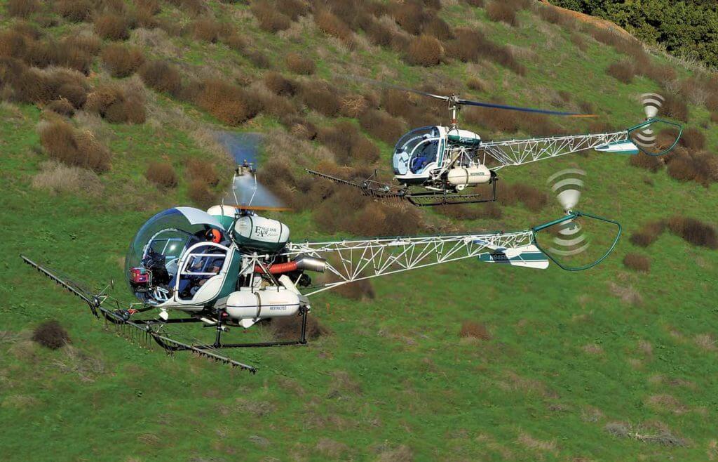 Two classic but modified Bell 47s. In the foreground is a 1964 Bell 47G3B1 that was converted to a Soloy turbine in the late 1970s. The other is a Texas Aircraft M74 Wasp, which started life as a 1959 Bell 47G2A. Skip Robinson Photo