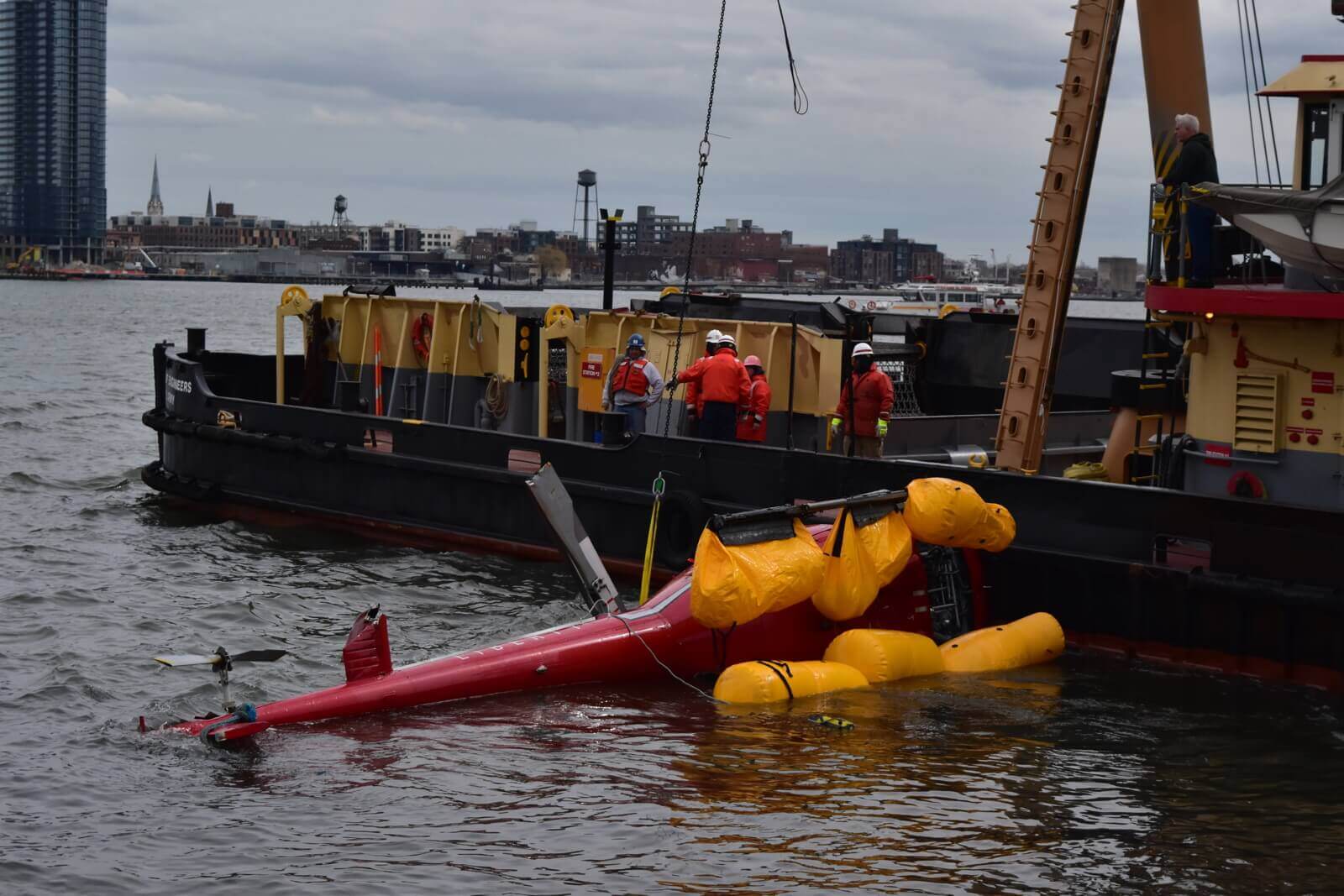 The accident helicopter was recovered from the East River on March 12. NTSB Photo
