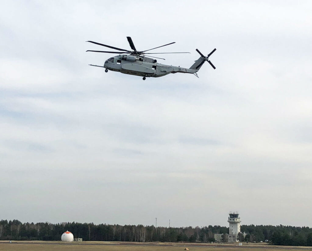 The CH-53K King Stallion flying its first flight on foreign soil at Holzdorf Air Base. Lockheed Martin Photo