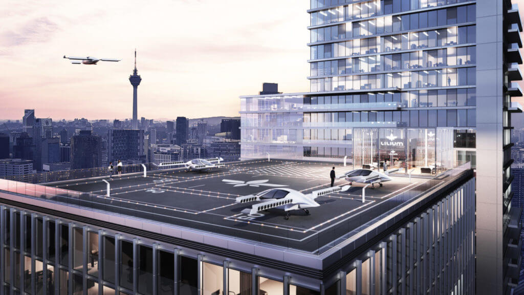 The two-seater Lilium Jet requires only a small open space or landing pad atop a building to take off and land. Lilium GmbH Photo