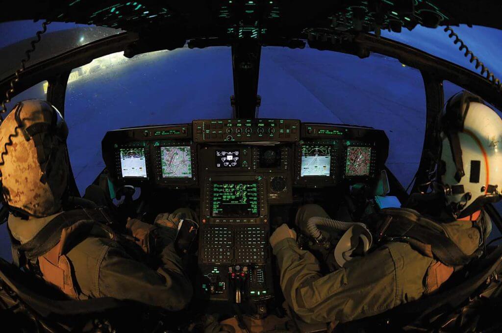 Day and night training is routine for MV-22B flight crews. The aircraft's glass cockpit features four multi-function displays for the pilots. Skip Robinson Photo