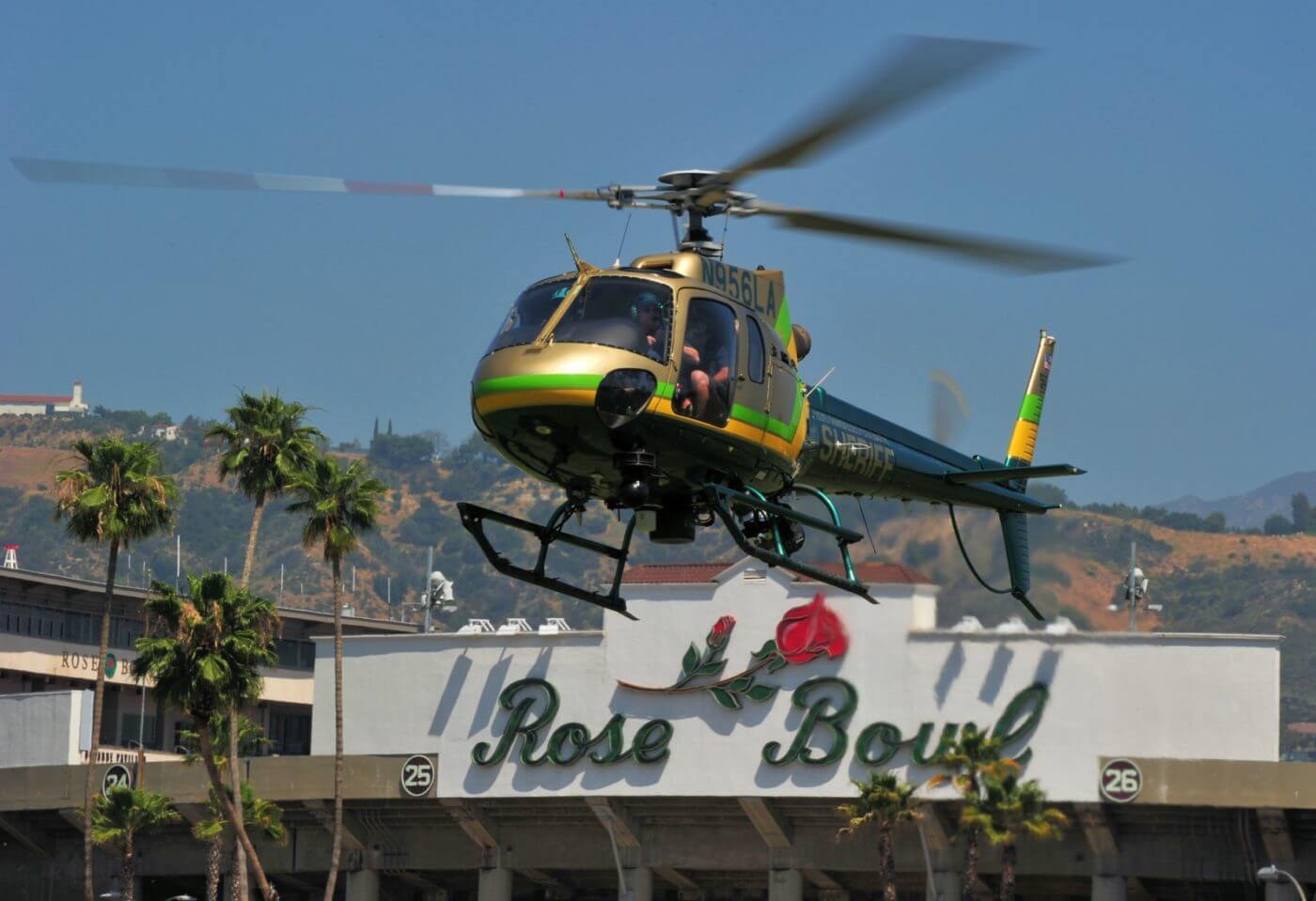 An L.A. County Sheriff's Department AStar arrives at the Rose Bowl.