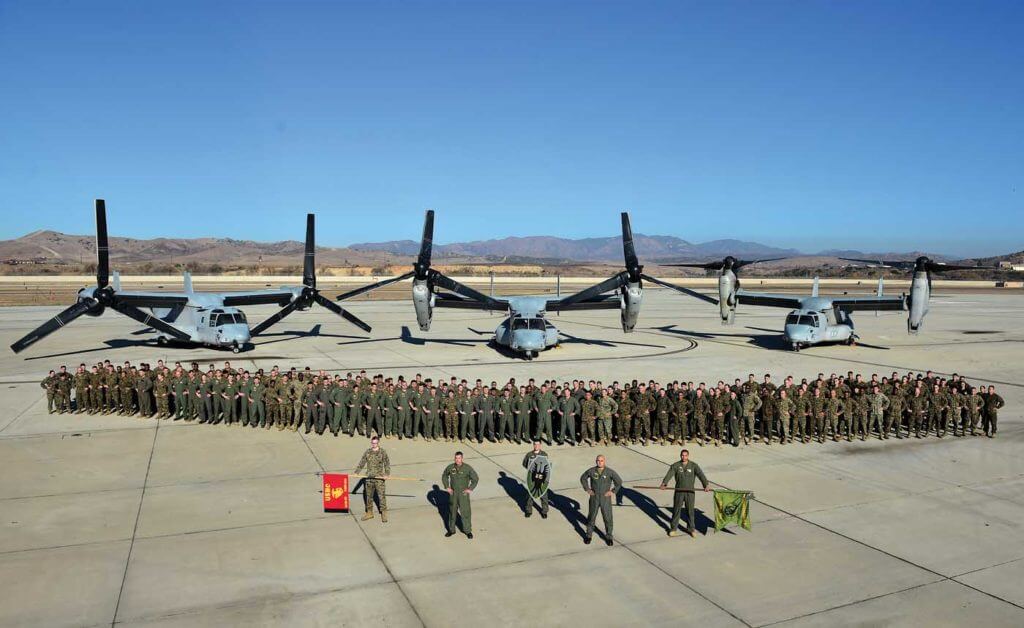 A MV-22B squadron consists of around 210 people; each of them has an important role to play in the unit's operations. Here, the men and women of the VMM-164 Knightriders, who have a long and proud history, stand in front of their aircraft. Skip Robinson Photo