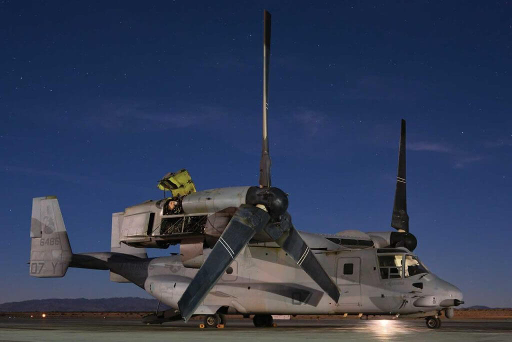 An MV-22B is pre-flighted before a night mission. Skip Robinson Photo