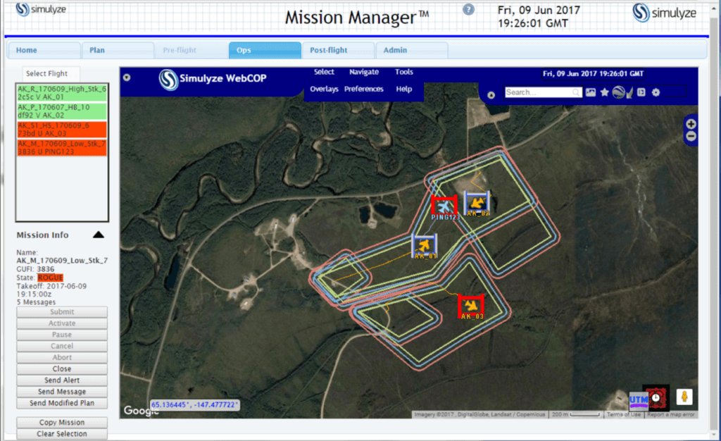 This screenshot from Simulyze's Mission Insight application shows four aircraft flying in close proximity, including BVLOS operations; two of four UAS are shown operating outside of their respective flight volumes, and notification is sent to the violating operator as well to other operators in the area.